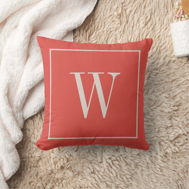 Monogrammed Family Initial Modern Red Beige Ivory Throw Pillow (Blanket)