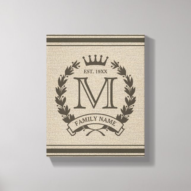 Monogrammed Family Logo Burlap Look Canvas Print (Front)