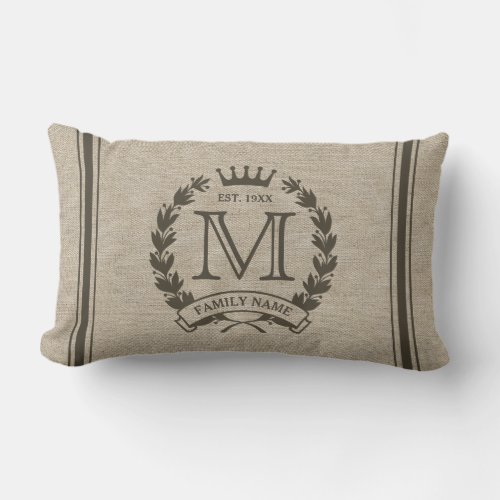 Monogrammed Family Logo Burlap Look Lumbar Pillow