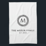 Monogrammed | Family Name | Black White & Gray Kitchen Towel<br><div class="desc">Stylish monogrammed kitchen towel features custom family name, monogram initial and year established date. Simple white kitchen towel with stylish decorative stylized medallion in black and white. Monogram initial and family name presented in modern typography with coordinating decorative accents. A perfect addition to your kitchen decor or a thoughtful personalised...</div>