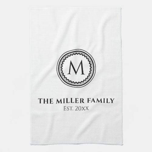 Monogrammed  Family Name  Black White  Gray Kitchen Towel
