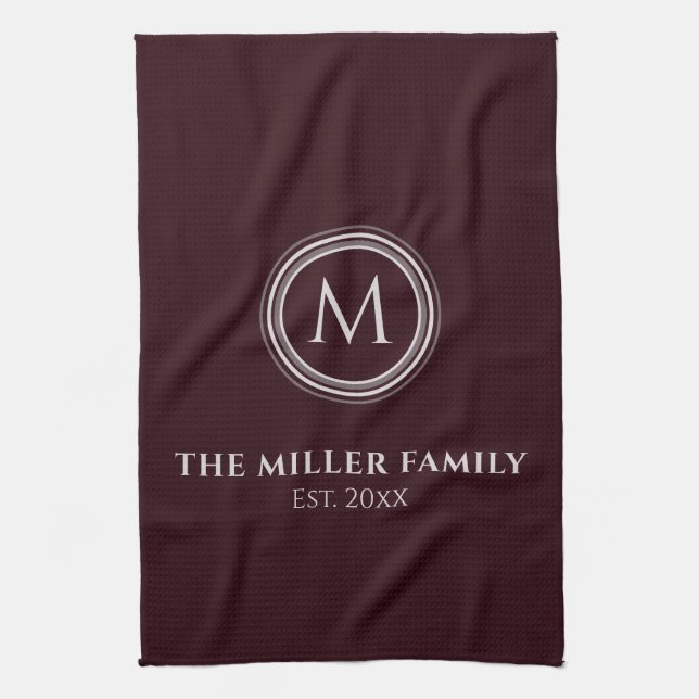 Monogrammed | Family Name | Burgundy & Gray Kitchen Towel (Vertical)