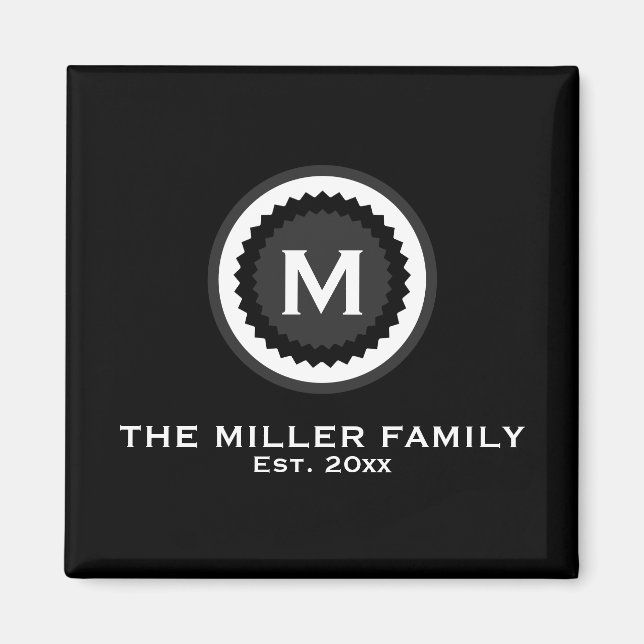 Monogrammed Family Name & Date | Black Magnet (Front)