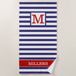 Monogrammed Family Name Red Blue Cabana Stripe Beach Towel