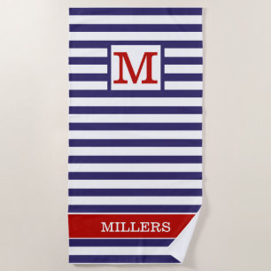 Monogrammed Family Name Red Blue Cabana Stripe Beach Towel