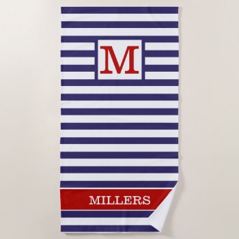 Monogrammed Family Name Red Blue Cabana Stripe    Beach Towel by InitialsMonogram at Zazzle