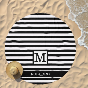 Monogrammed Family Name Striped Black And White Beach Towel