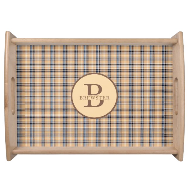 Monogrammed Family Name Tan Tartan Plaid Serving Tray (Front)