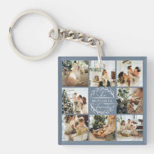 Monogrammed Family Photo Collage Cute Dusty Blue Keychain