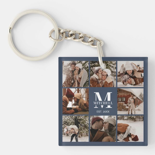 Monogrammed Family Photo Collage Modern Navy Blue Keychain (Front)