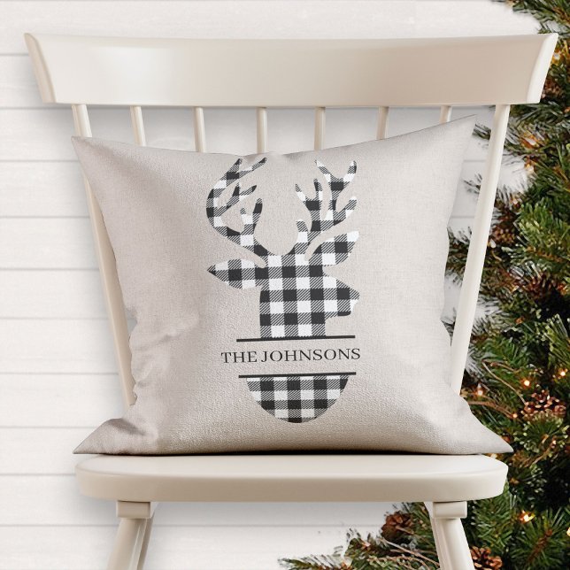 Monogrammed Farmhouse Black Beige Plaid Deer Throw Pillow (Creator Uploaded)