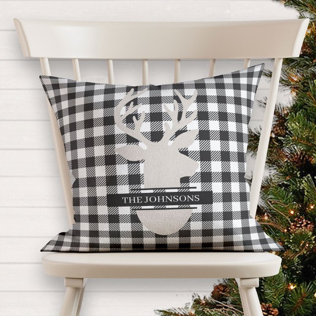Monogrammed Farmhouse Black Plaid Beige Deer Throw Pillow (Creator Uploaded)