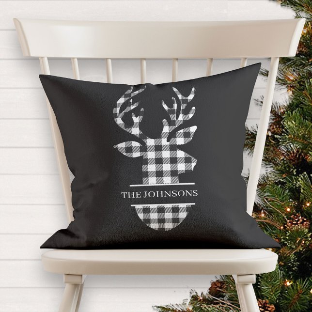 Monogrammed Farmhouse Black & White Plaid Deer Throw Pillow (Creator Uploaded)