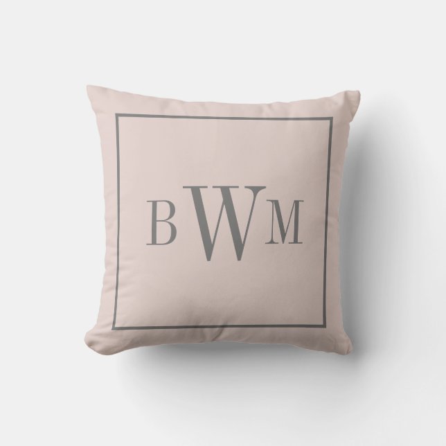Monogrammed Farmhouse Pale Pink & Gray Decorative Throw Pillow (Front)
