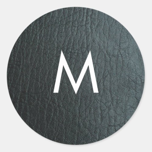 Monogrammed Faux Black Leather Texture Classic Round Sticker