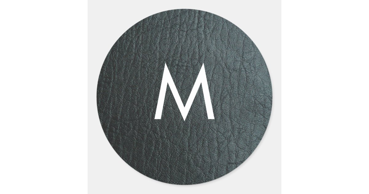 Sticker Monogram Texture Monogrammed Faux Black Leather Texture Classic Round Sticker | Zazzle