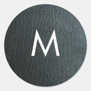 Monogrammed Faux Black Leather Texture Classic Round Sticker