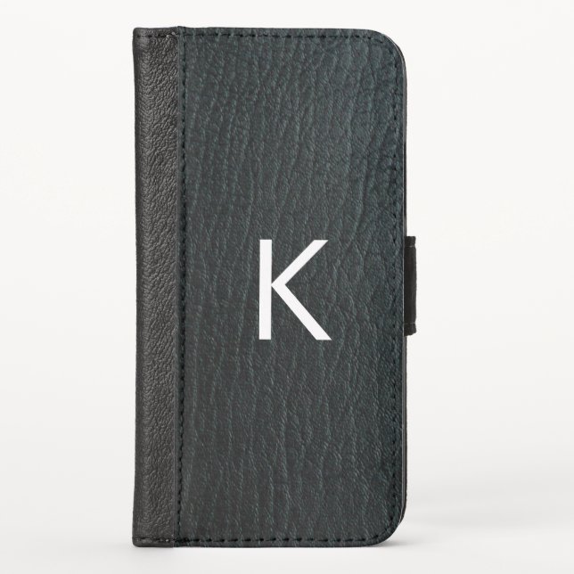 Monogrammed Faux Black Leather Texture iPhone Wallet Case (Front)