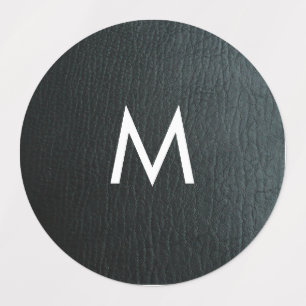 Monogrammed Faux Black Leather Texture Labels