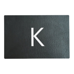 Monogrammed Faux Black Leather Texture Placemat