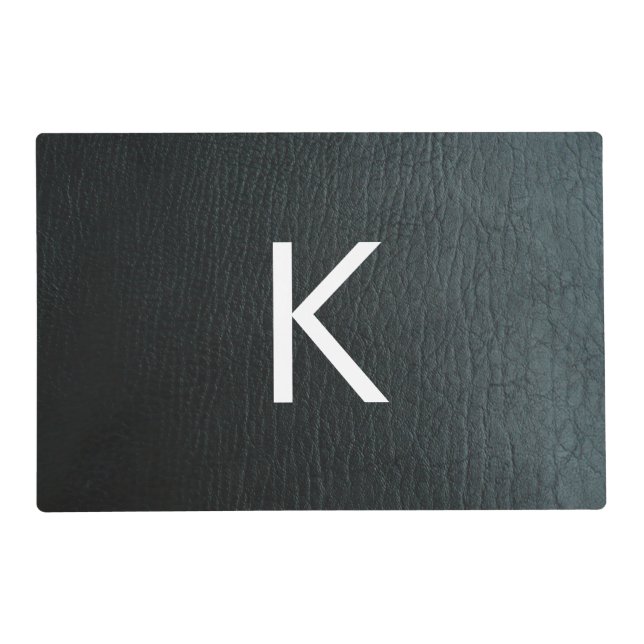 Monogrammed Faux Black Leather Texture Placemat (Front)
