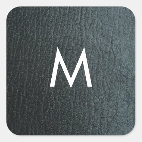 Monogrammed Faux Black Leather Texture Square Sticker