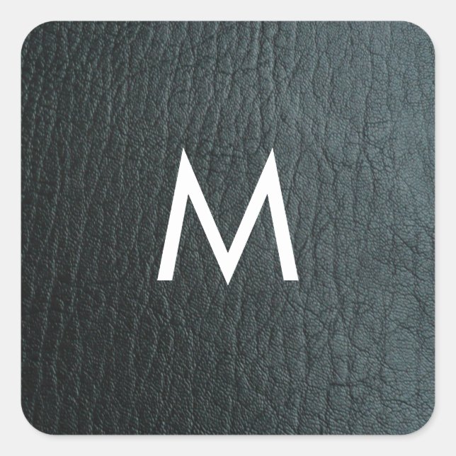 Monogrammed Faux Black Leather Texture Square Sticker (Front)