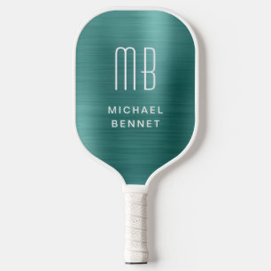 Monogrammed Faux Emerald Green Brushed Metallic Pickleball Paddle