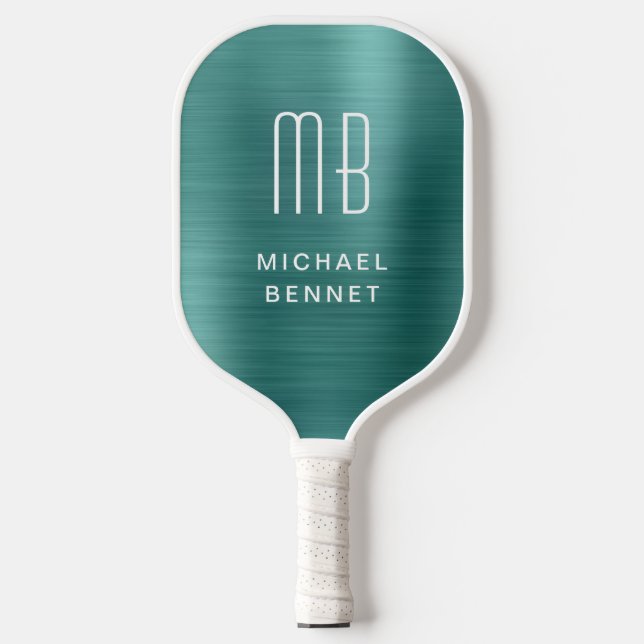 Monogrammed Faux Emerald Green Brushed Metallic  Pickleball Paddle (Front)
