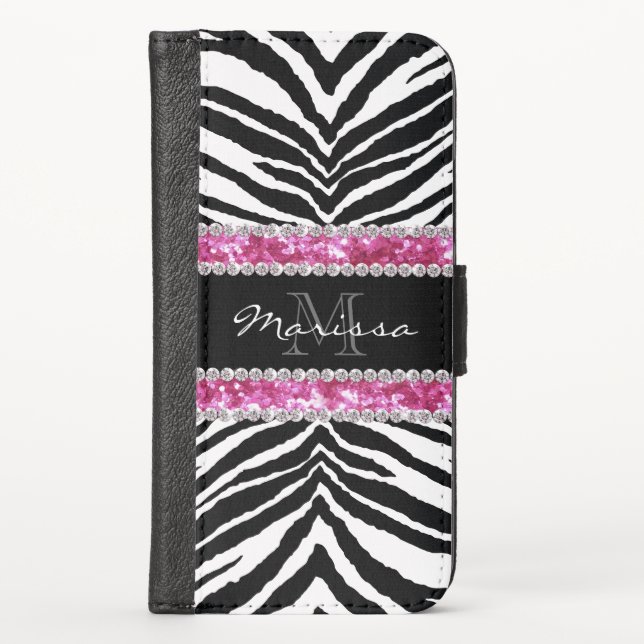 Monogrammed Faux Glitter Bling Rhinestone Girl's iPhone Wallet Case (Front)