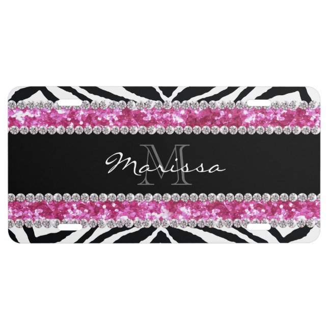 Monogrammed Faux Glitter Bling Rhinestone Girl's License Plate (Front)