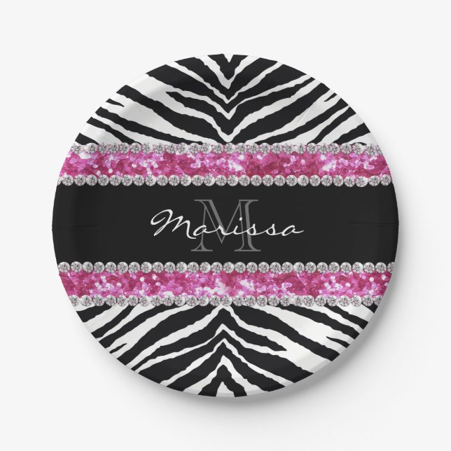 Monogrammed Faux Glitter Bling Rhinestone Girl's Paper Plates (Front)