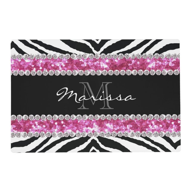 Monogrammed Faux Glitter Bling Rhinestone Girl's Placemat (Front)