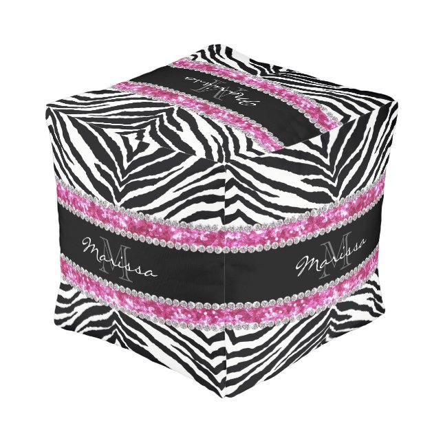 Monogrammed Faux Glitter Bling Rhinestone Girl's Pouf (Angled Back)