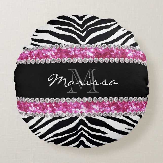 Monogrammed Faux Glitter Bling Rhinestone Girl's Round Pillow (Front)