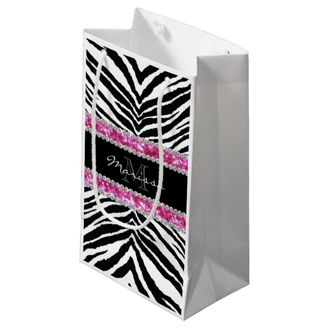 Monogrammed Faux Glitter Bling Rhinestone Girl's Small Gift Bag (Front Angled)