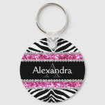 Monogrammed Faux Glitter Bling Zebra Girls Name ID Keychain