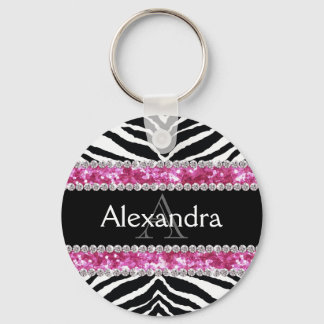 Monogrammed Faux Glitter Bling Zebra Girls Name ID Keychain
