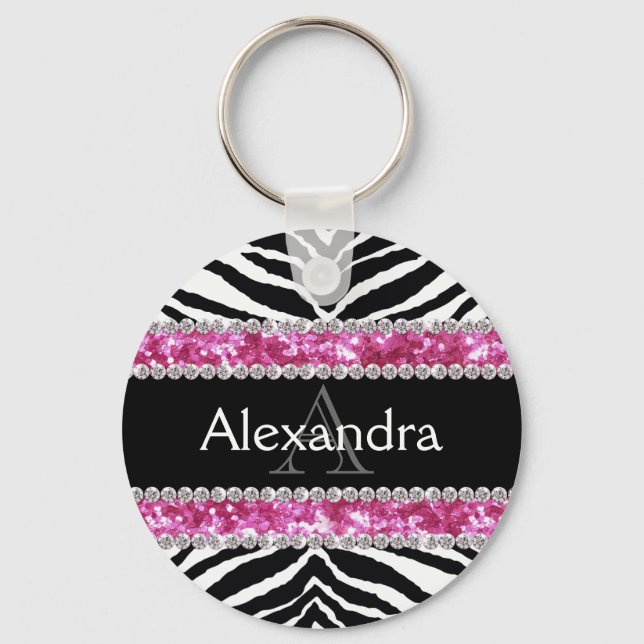 Monogrammed Faux Glitter Bling Zebra Girls Name ID Keychain (Front)