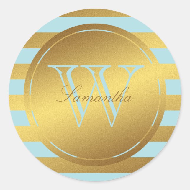 Monogrammed Faux Gold Foil Stripes Classic Round Sticker (Front)