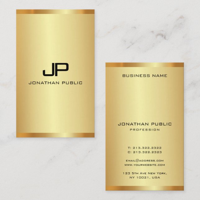Monogrammed Faux Gold Modern Vertical Luxury Business Card (Front/Back)