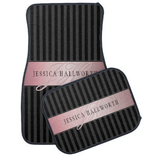 Monogrammed Faux Rose Gold Black & Grey Stripes Car Floor Mat
