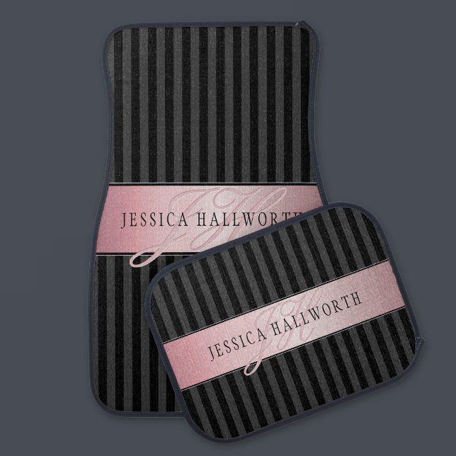 Monogrammed Faux Rose Gold | Black & Grey Stripes Car Floor Mat (Creator Uploaded)