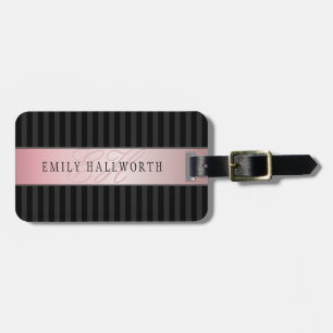 Monogrammed Faux Rose Gold Black & Grey Stripes Luggage Tag