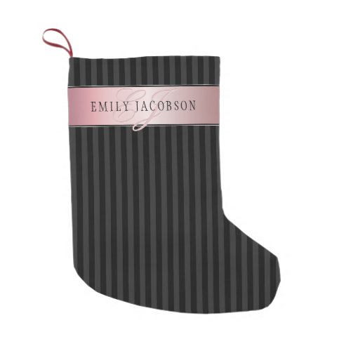 Monogrammed Faux Rose Gold  Black  Grey Stripes Small Christmas Stocking