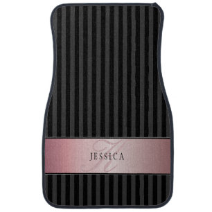 Monogrammed Faux Rose Gold Black Grey Stripes v2 Car Floor Mat
