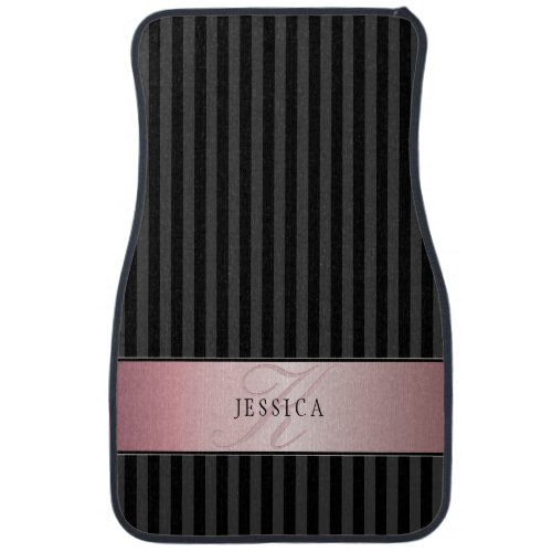 Monogrammed Faux Rose Gold  Black Grey Stripes v2 Car Floor Mat