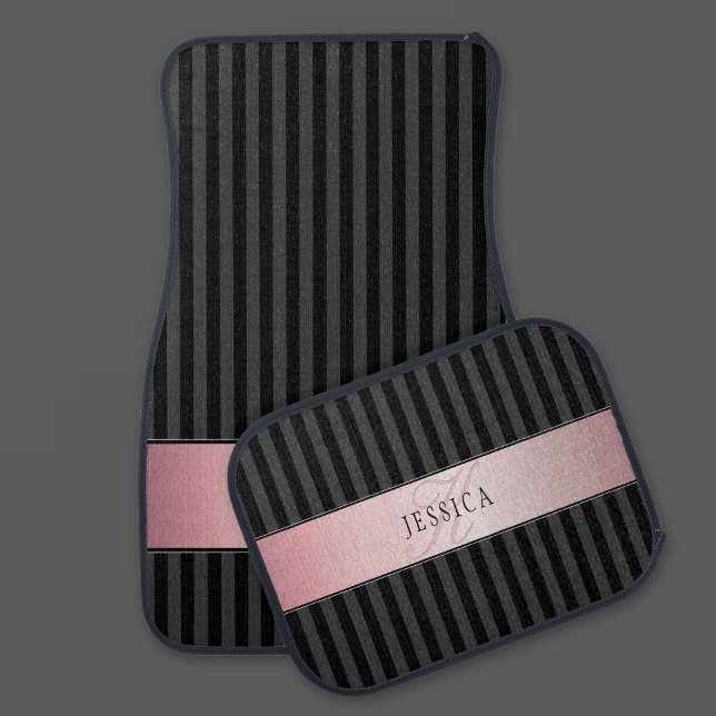 Monogrammed Faux Rose Gold | Black Grey Stripes v2 Car Floor Mat (Creator Uploaded)
