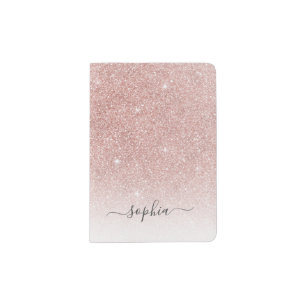 Monogrammed Faux Rose Gold Pink Glitter Passport Holder