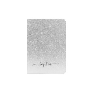 Monogrammed Faux Silver Gray Glitter Passport Holder